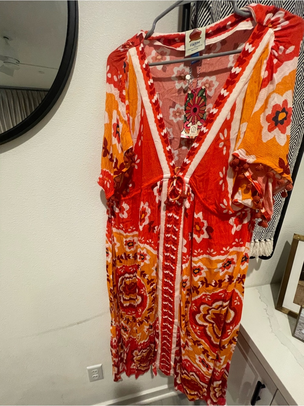 Farm Rio Red & Orange Floral V-Neck Midi Dress/Bathing Suit Cover Up
